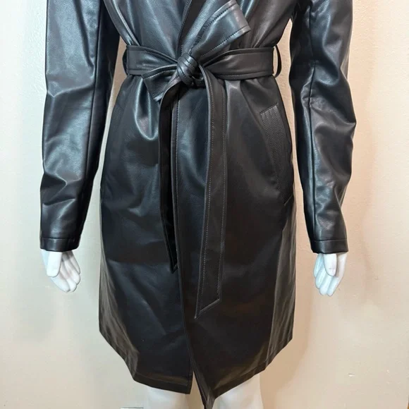 Black faux leather lapel collar belted open front trench coat - Picture 4 of 15